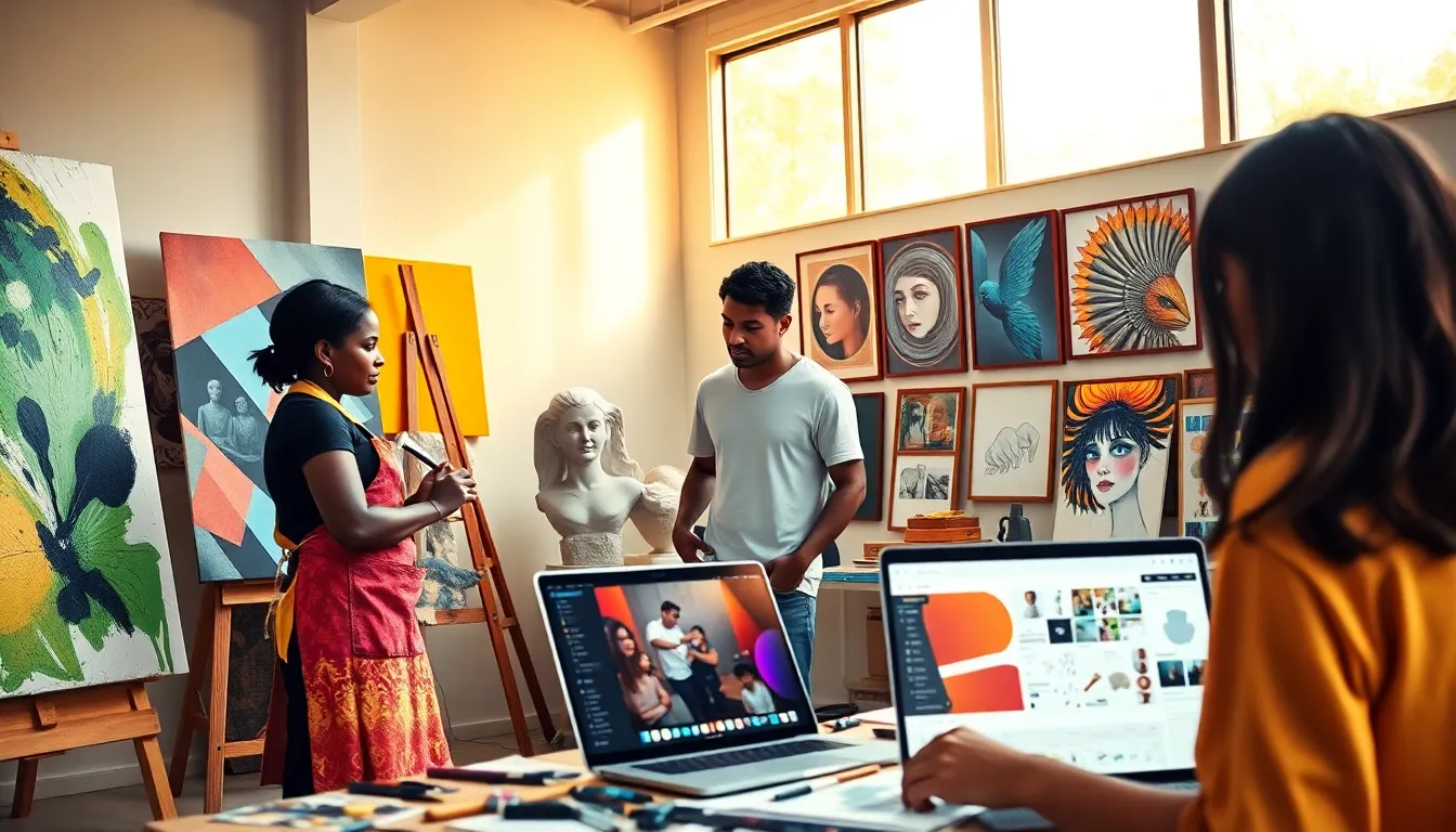 a diverse group of artists collaborating in a vibrant digital workspace.
