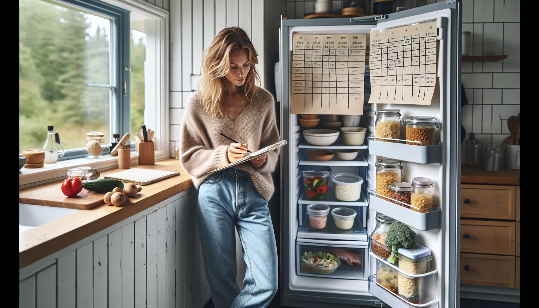 Norwegian woman planning meals with leftovers in an organized kitchen fridge and freezer.