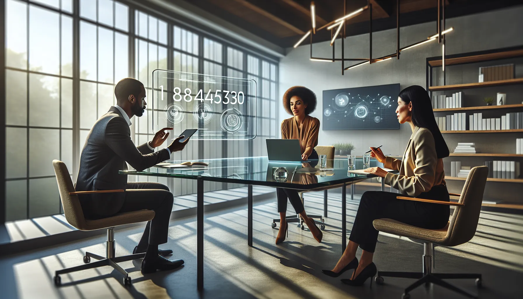 diverse professionals discussing telecommunications in a modern office.
