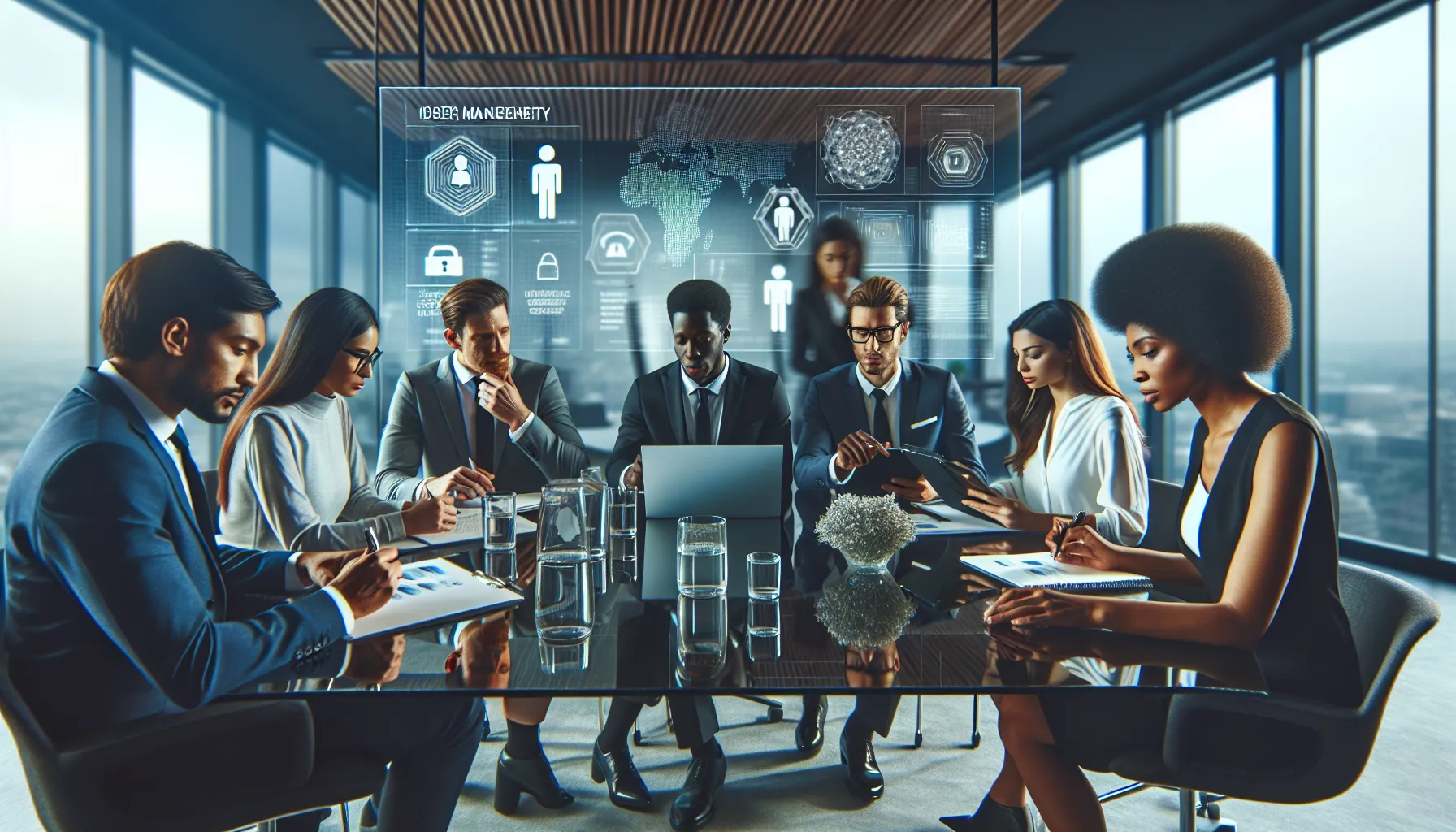 diverse professionals discussing identity management solutions in a modern office.