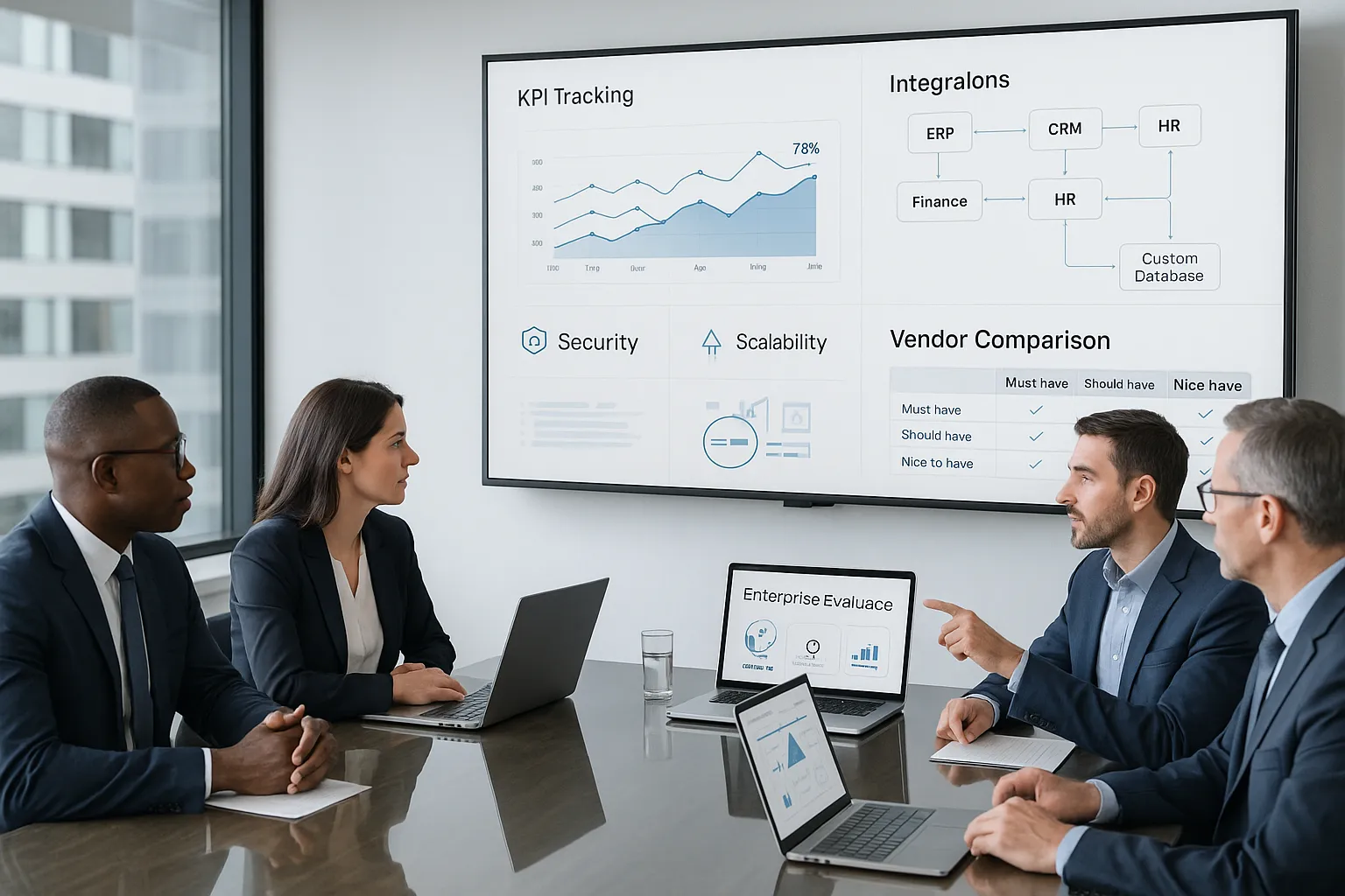 Enterprise team evaluating KPI software in a modern conference room.