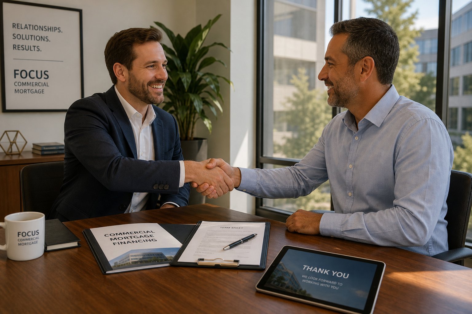 Commercial mortgage broker and client shaking hands across a conference table after a meeting.