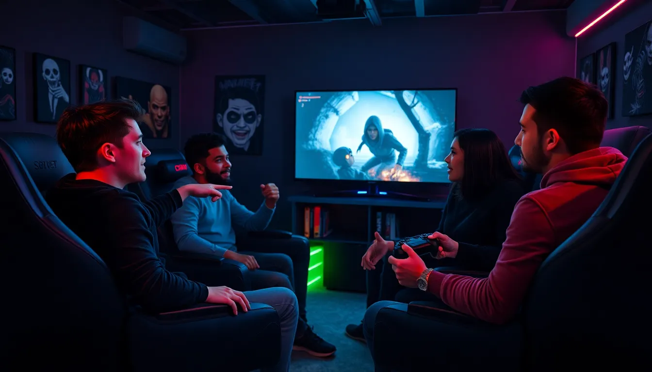 group of friends gaming together in a horror-themed setting.