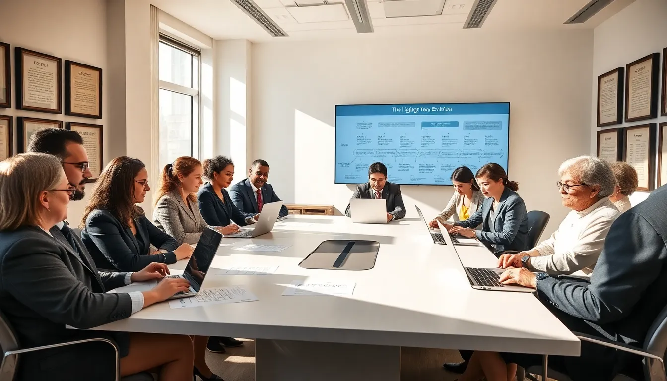 diverse historians discussing linguistic origins in a modern office.