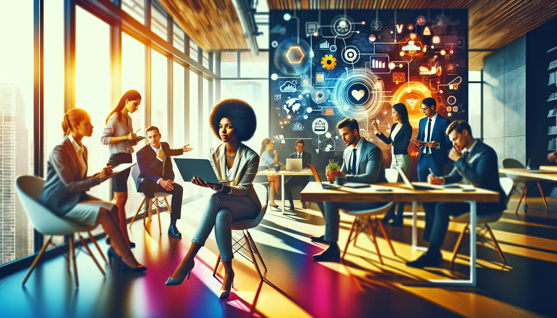 diverse team collaborating on digital media in a modern office.