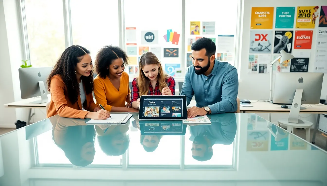 diverse team collaborating in a modern design studio.