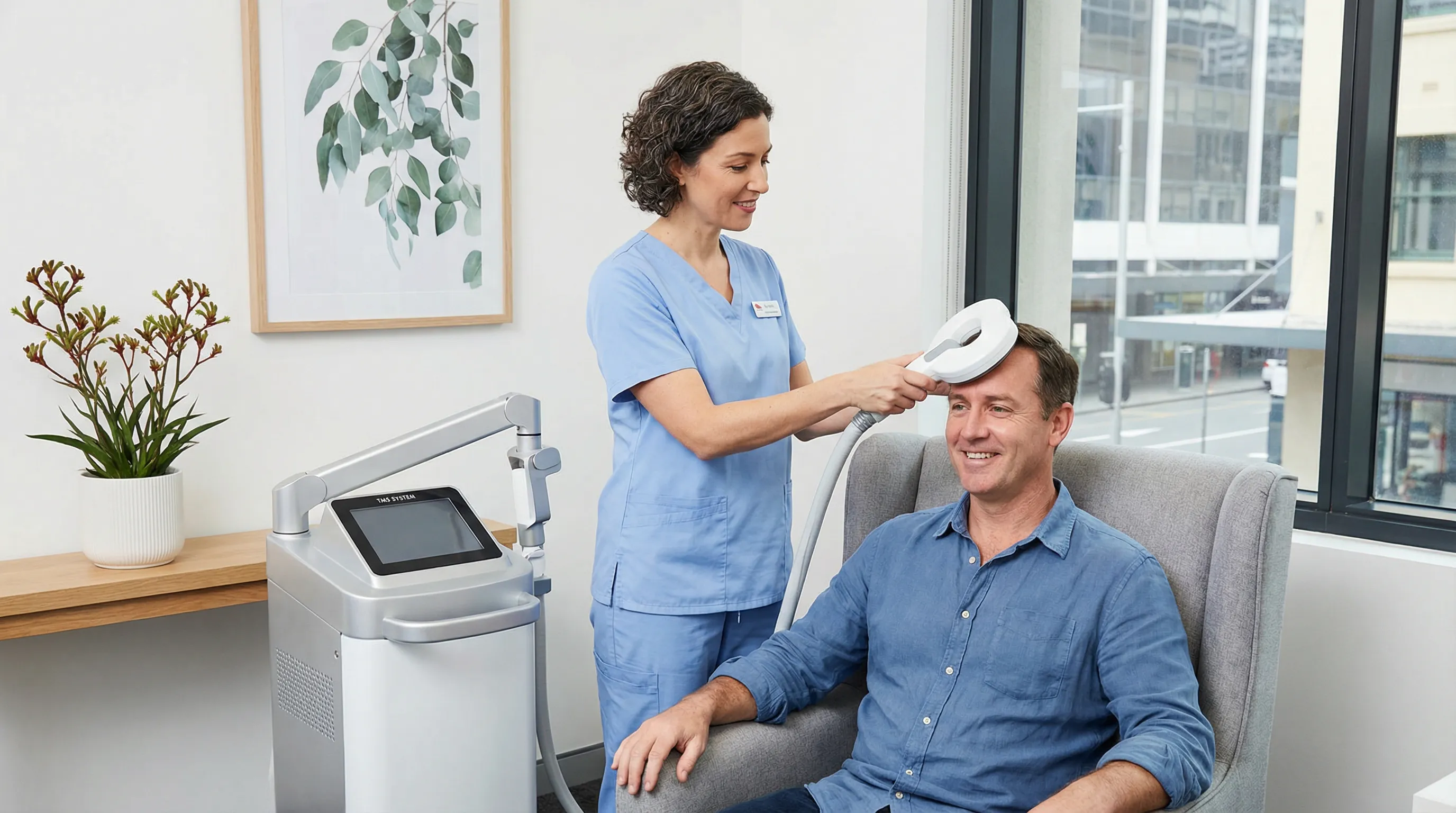 Clinician administering TMS therapy to a patient in a modern clinic.