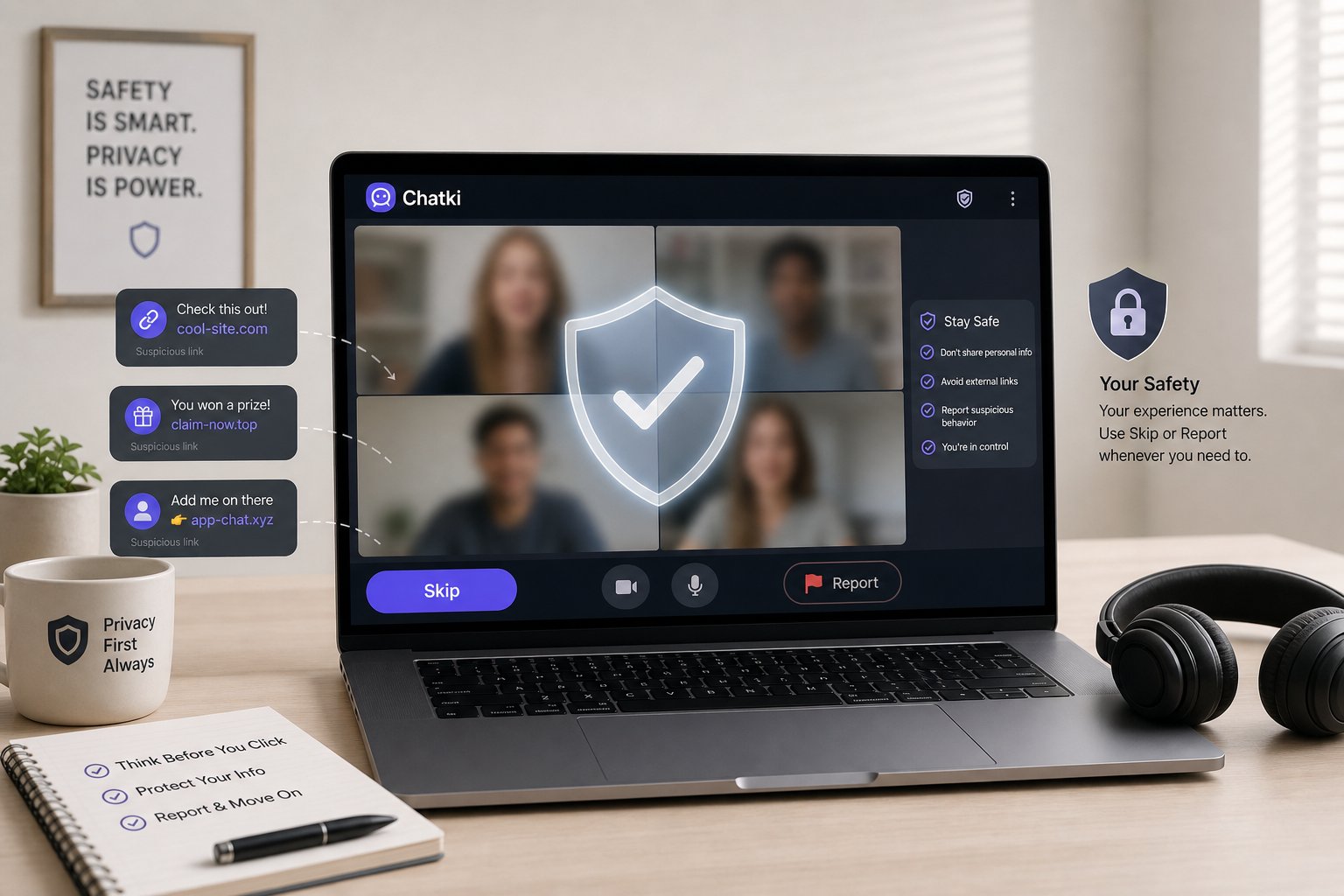 Laptop showing video chat with skip and report, shield privacy theme.