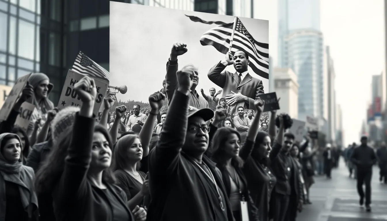 diverse protesters in front of iconic political imagery.