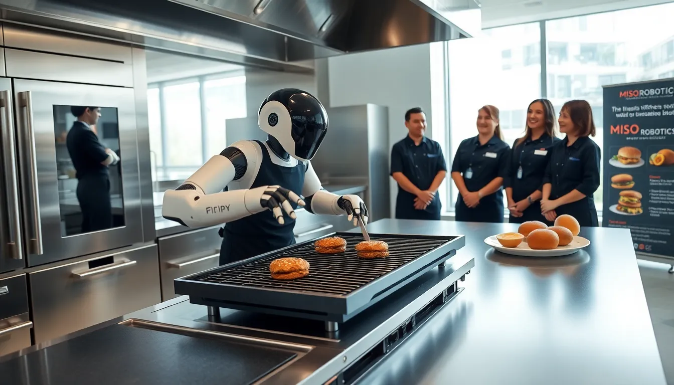 robotic assistant cooking in a modern kitchen with chefs observing.