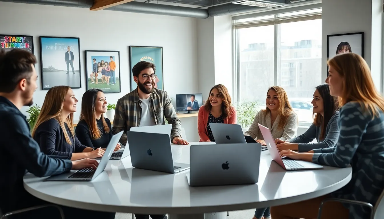 diverse team discussing ideas in a modern office with humorous decor.