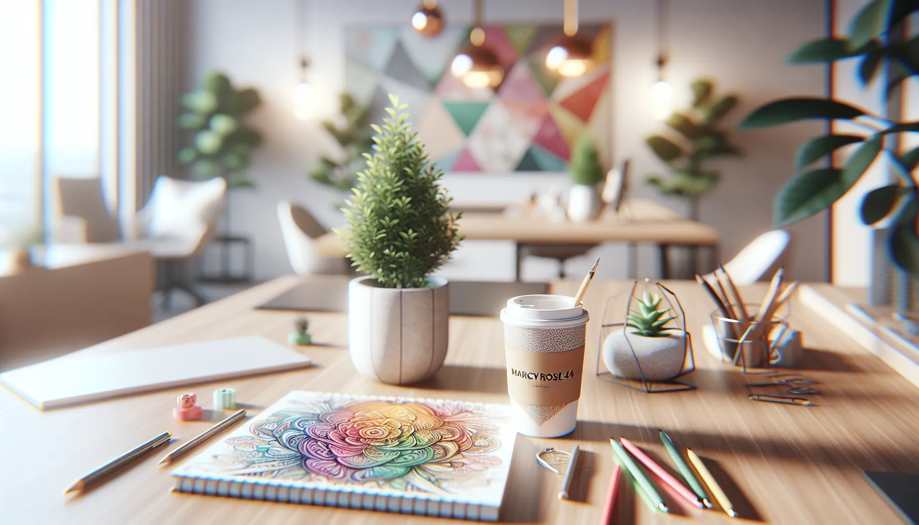 a creative workspace with a personalized coffee cup and sketches.