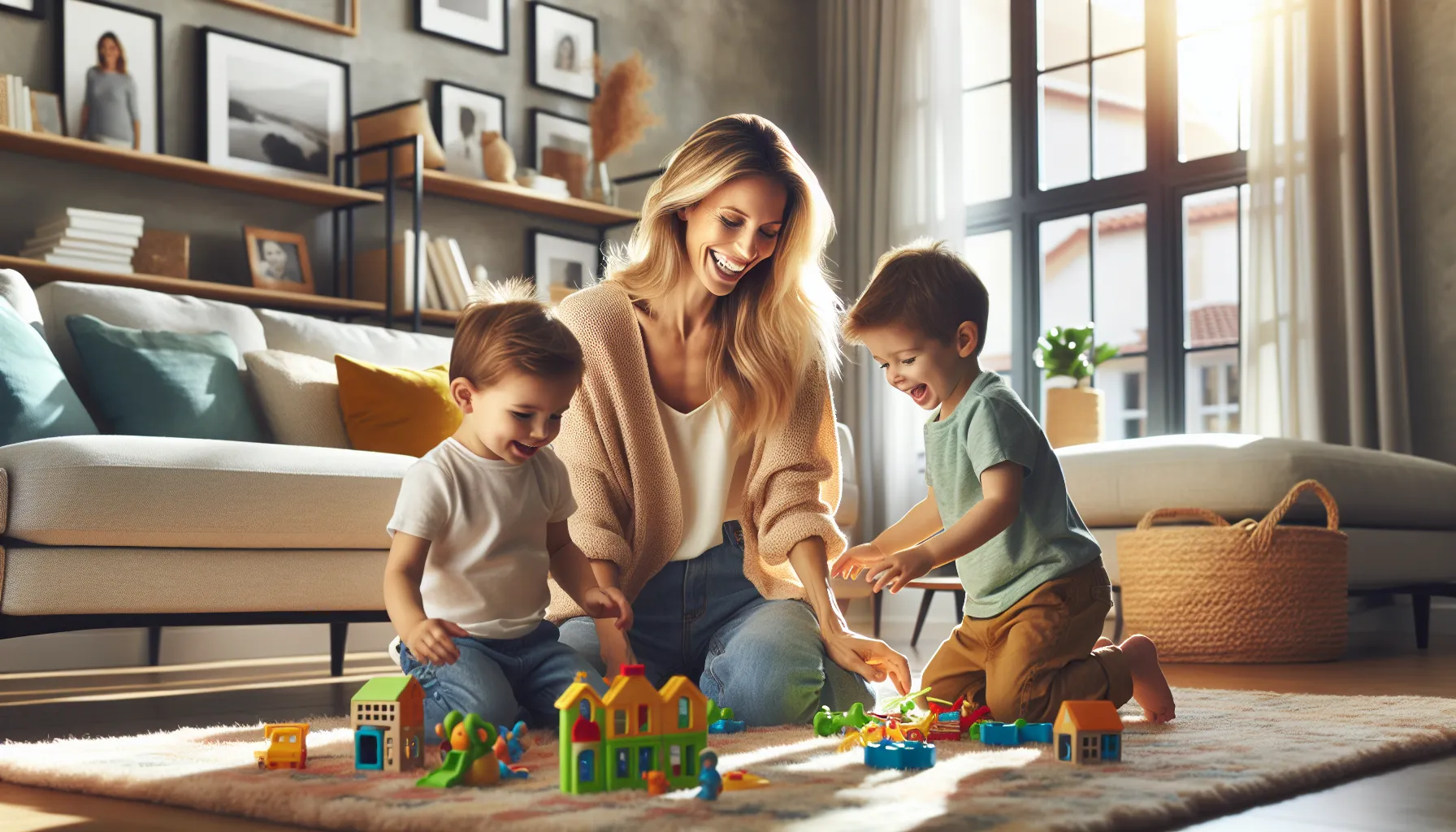 Chelsea Acton engaging with her children in a bright living room.