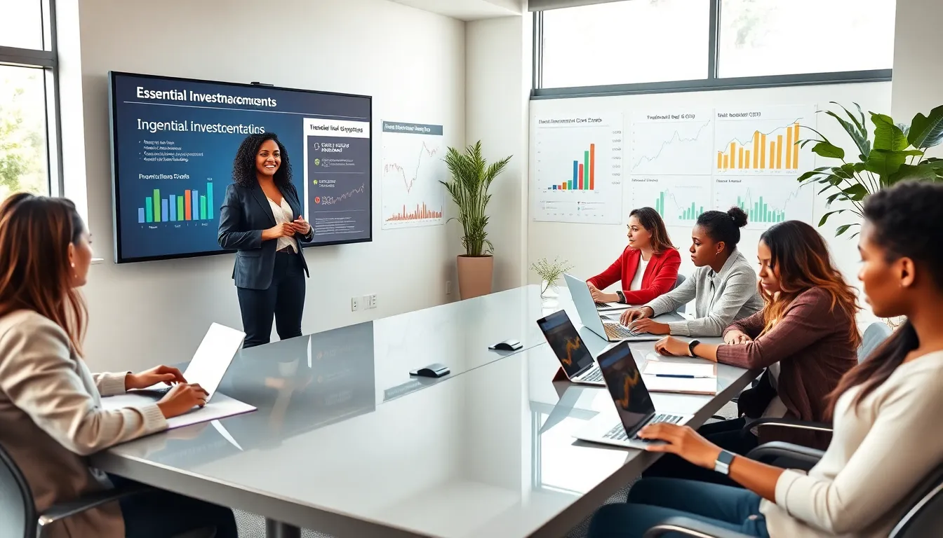 diverse students in an investing course in a modern classroom.