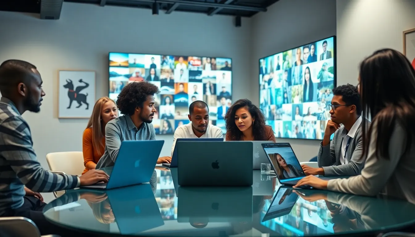 diverse professionals around a conference table discussing media integration.