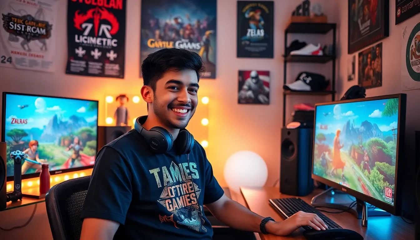 Larry Nando streaming a video game in a vibrant gaming room.