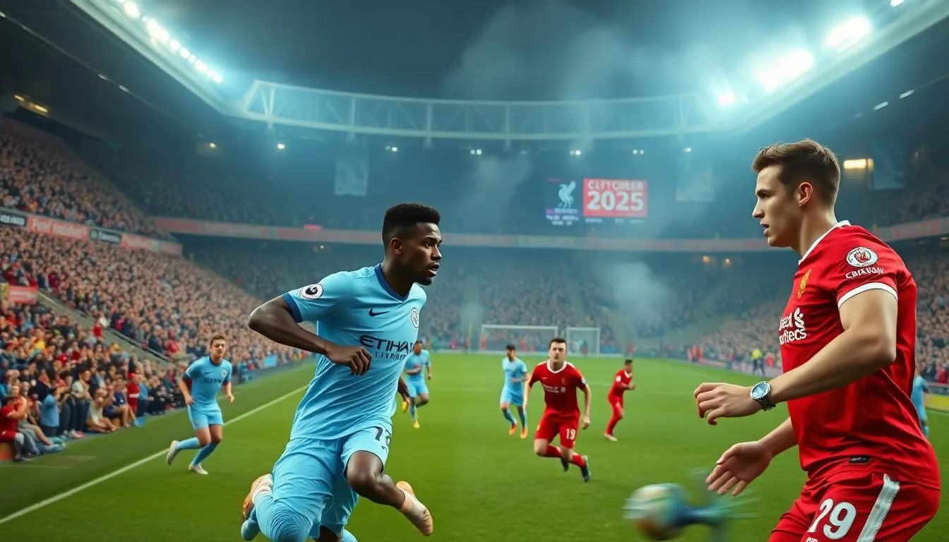 football match between Manchester City and Liverpool in a packed stadium.