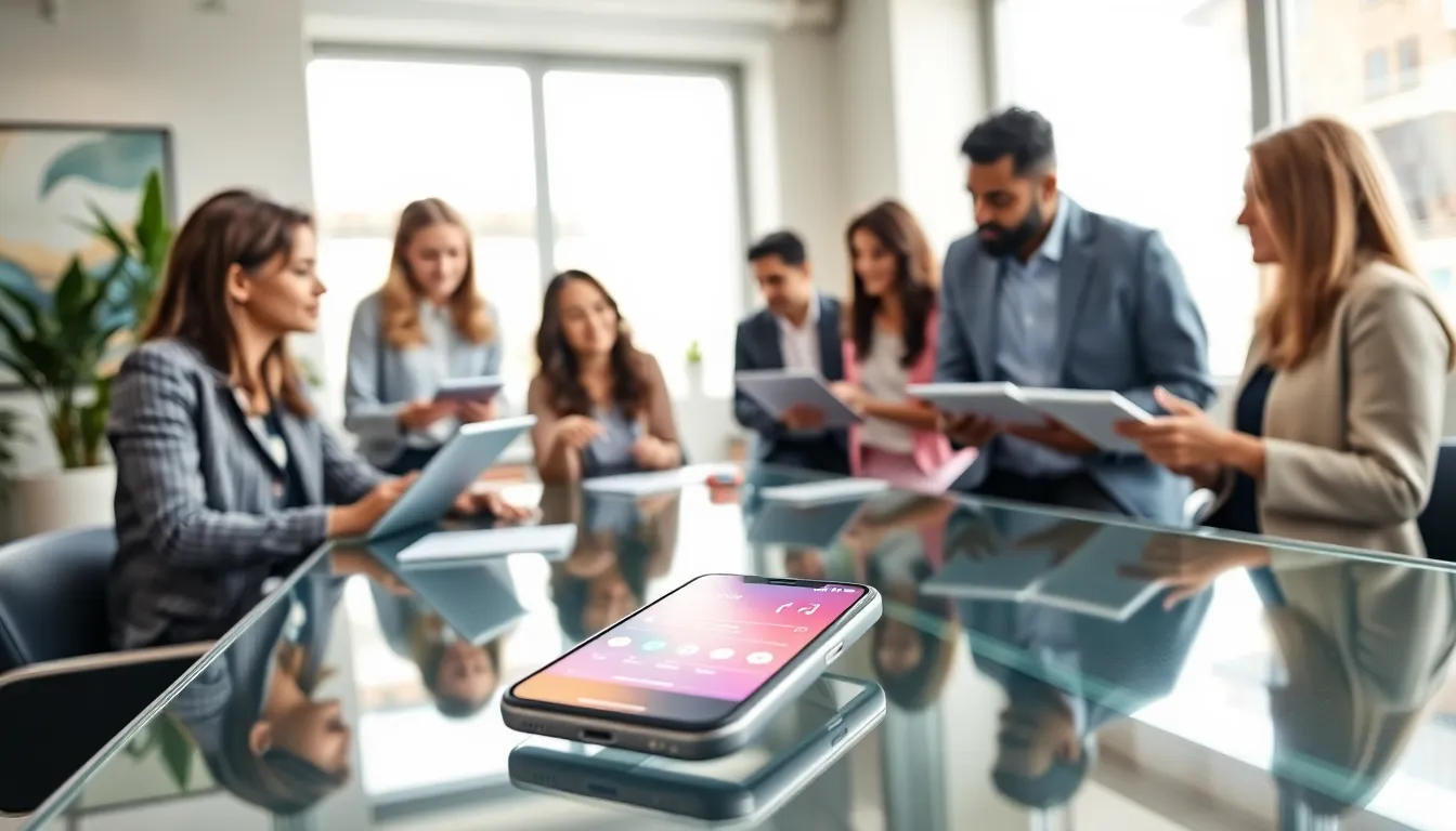 diverse team discussing music downloading options in a modern office.