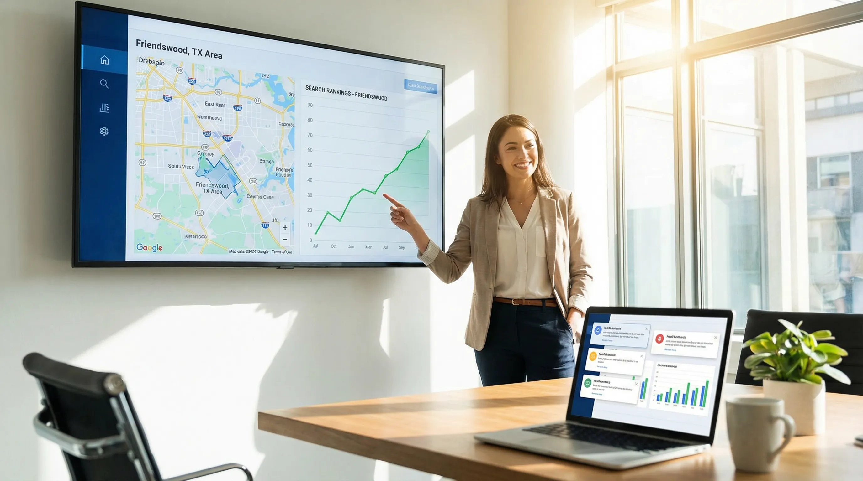 Wall-mounted screen showing a Friendswood map and search ranking graph, with a laptop displaying monitoring alerts.