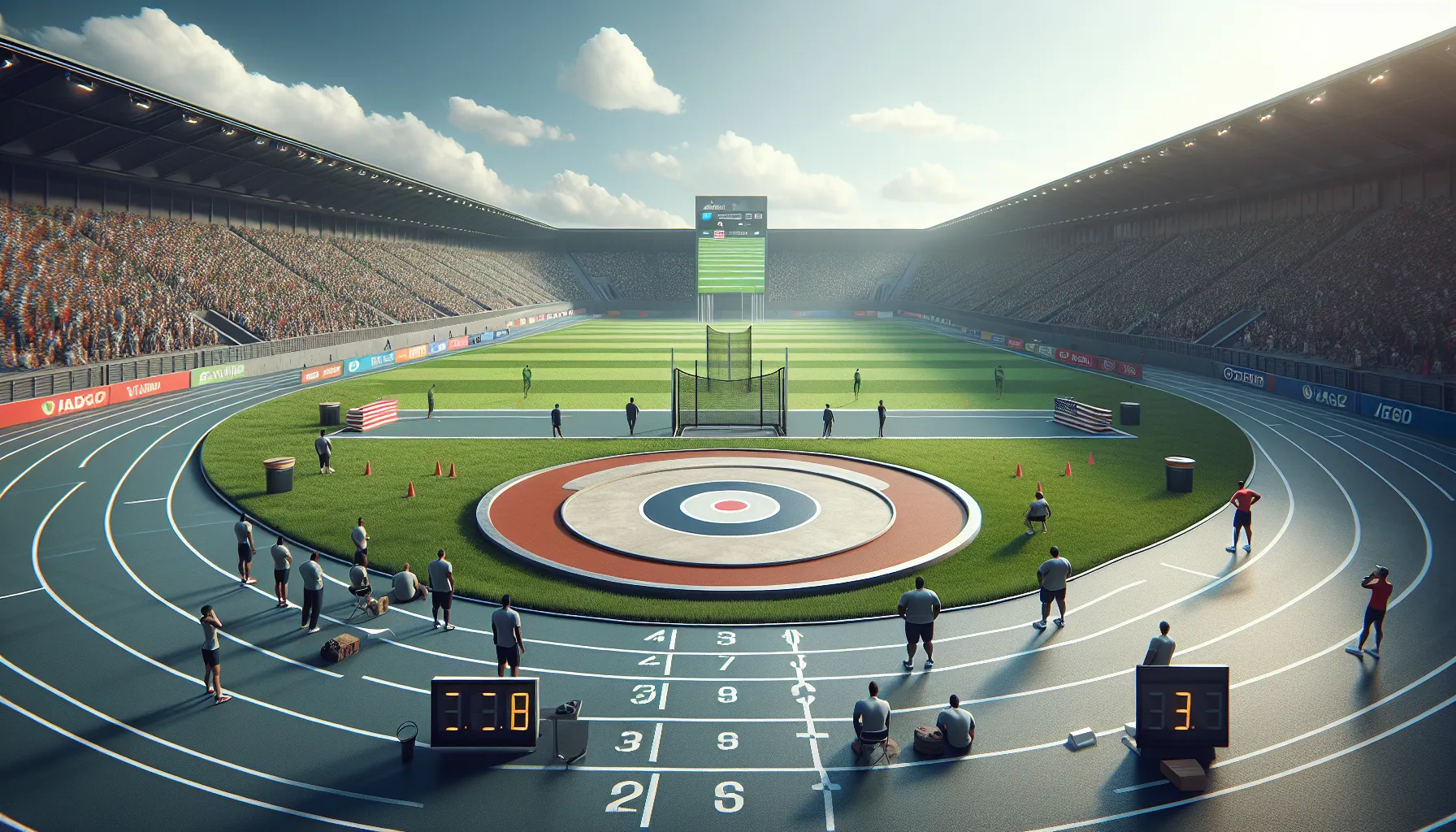 outdoor shot put throwing area with precise measurements and safety barriers.