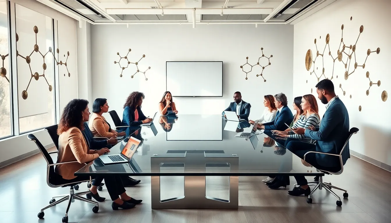 diverse team discussing psychedelic medicine in a modern office.