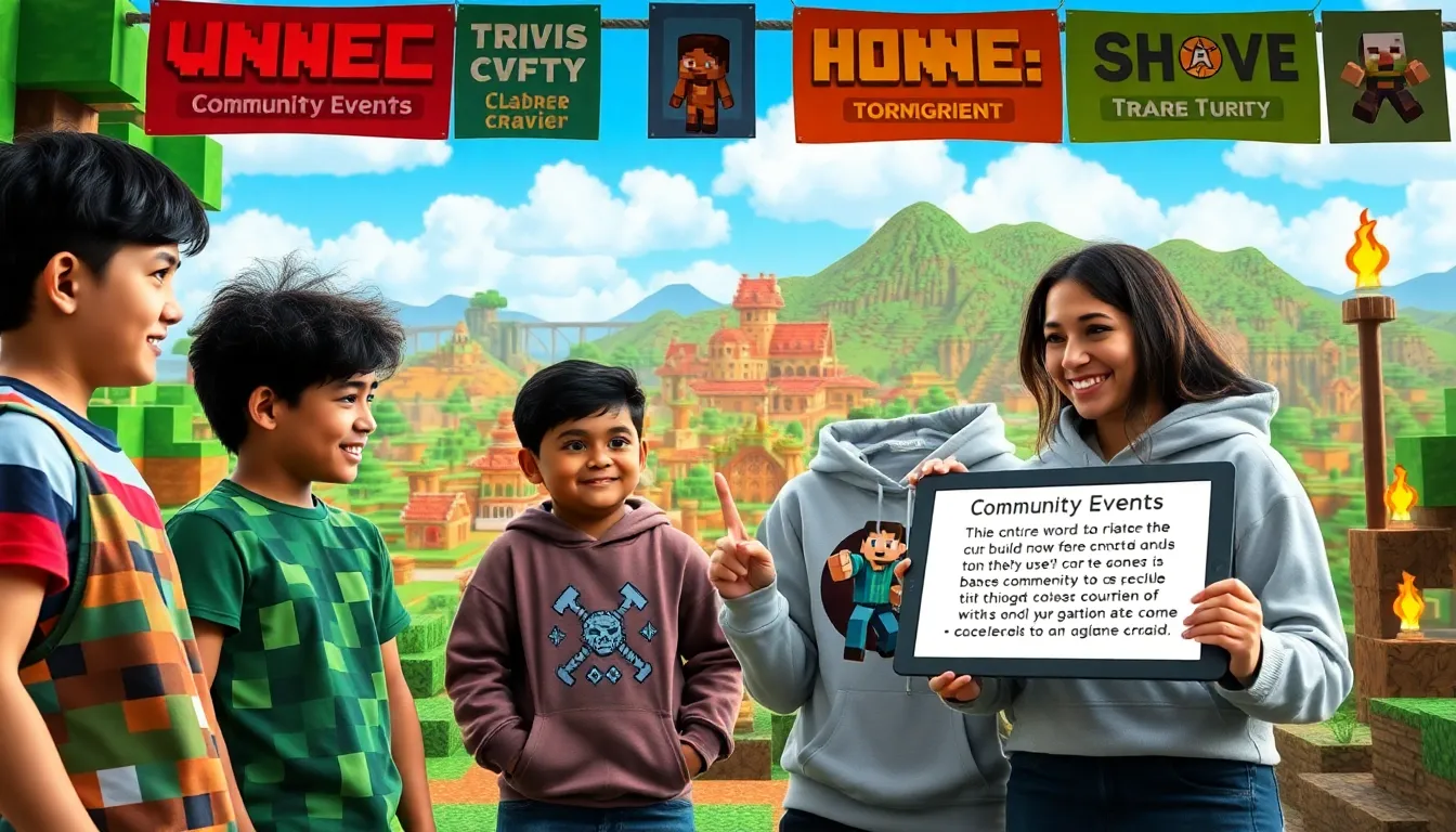 a vibrant Minecraft community event with players discussing game mods and creations.