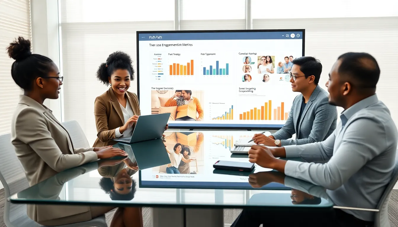 professionals collaborating on social media strategies in a modern office.
