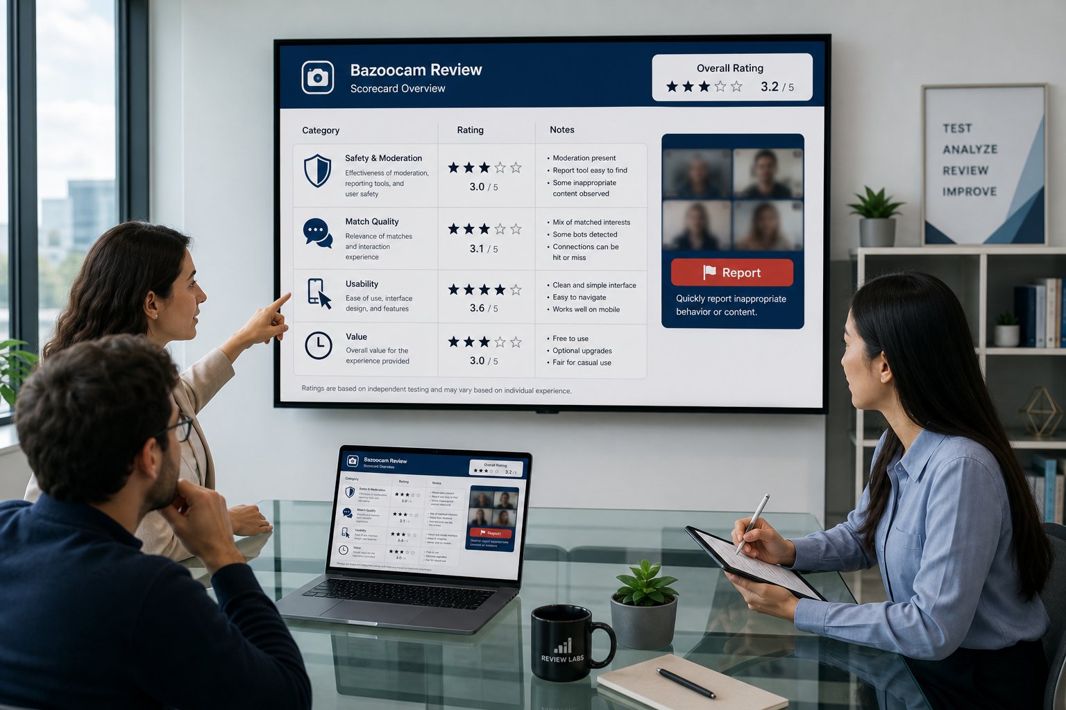 Professionals reviewing Bazoocam with a safety, usability, and value scoring dashboard.