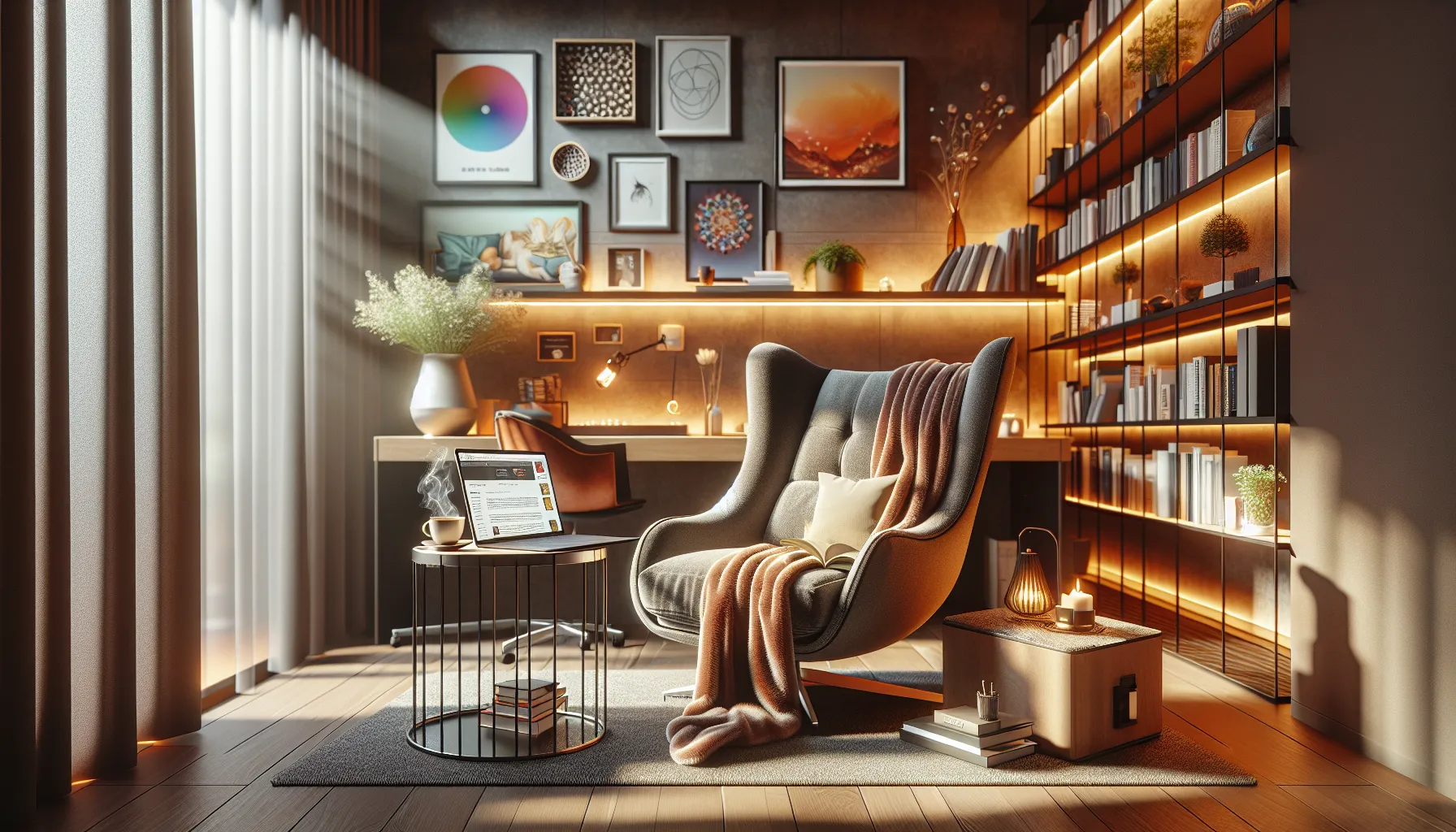 cozy indoor reading space with a laptop and coffee.