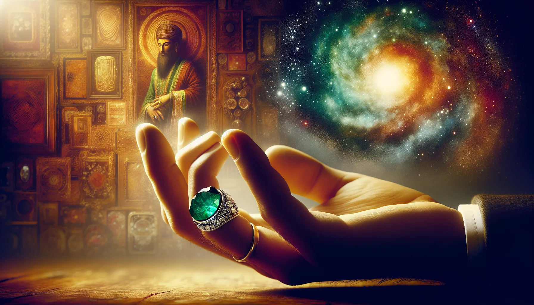 A close-up of a hand showcasing emerald and diamond rings.