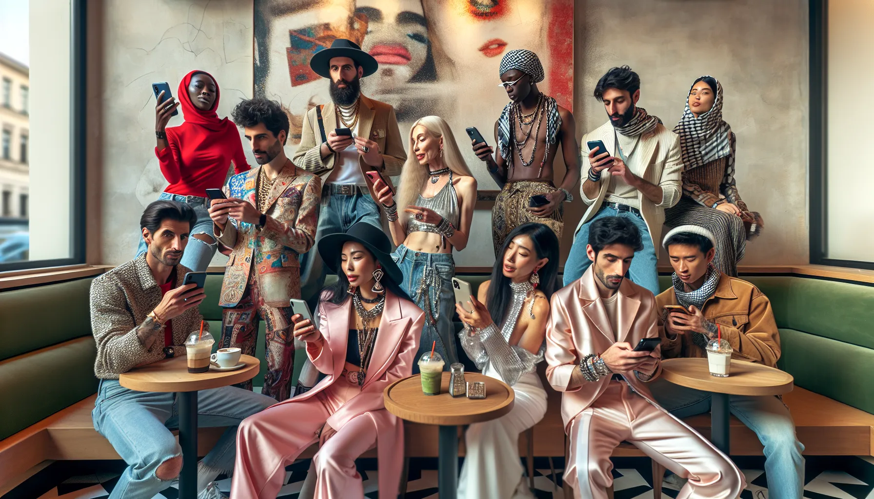 diverse influencers in a cafe showcasing unique styles on social media.