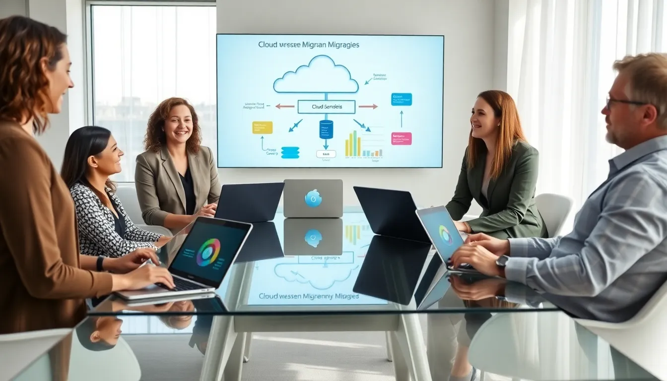 professionals discussing cloud migration strategies in a modern office.