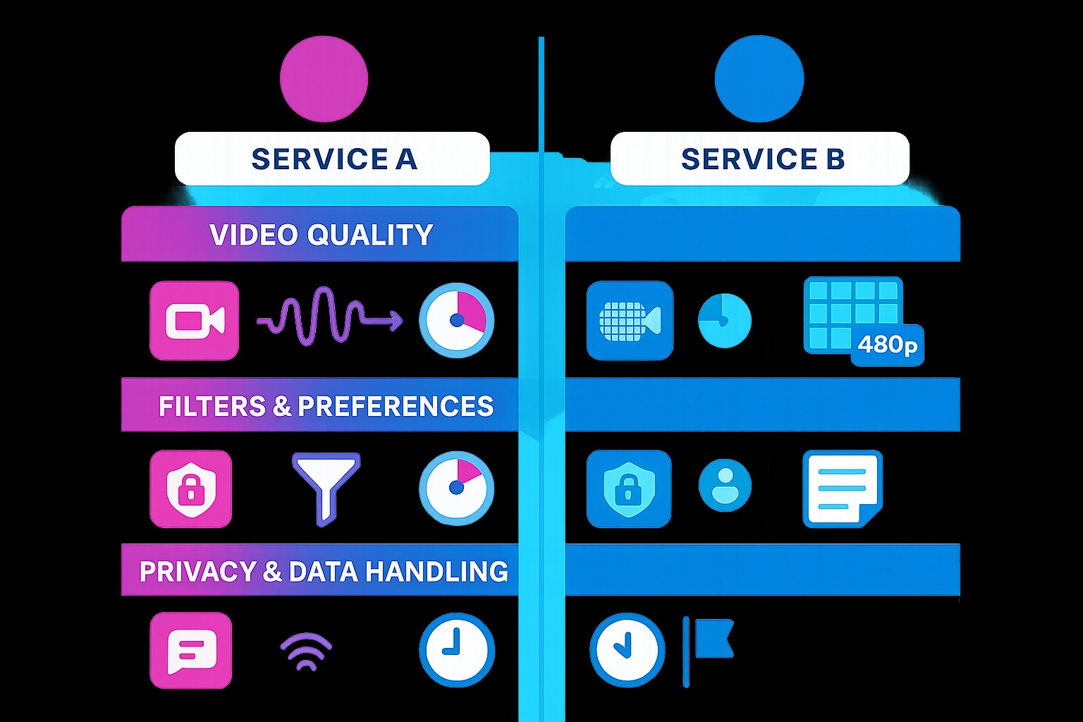 Two-column infographic comparing video, filters, privacy, and features for two chat services.