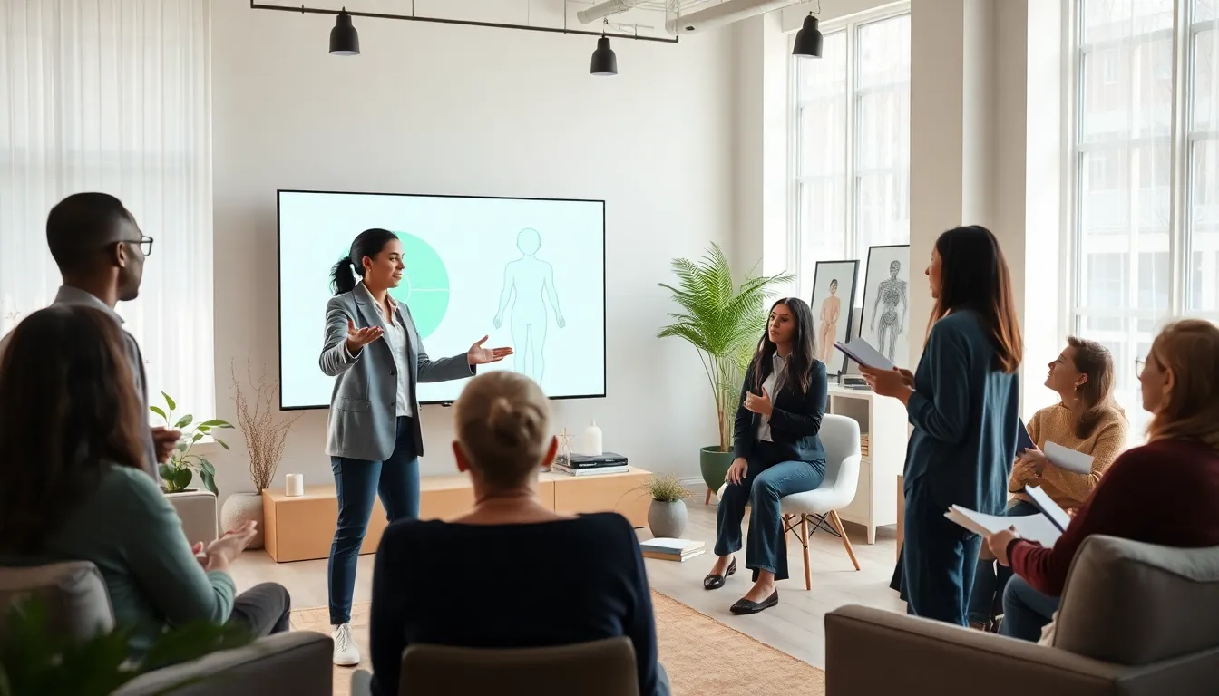 diverse professionals discussing holistic health in a wellness studio.