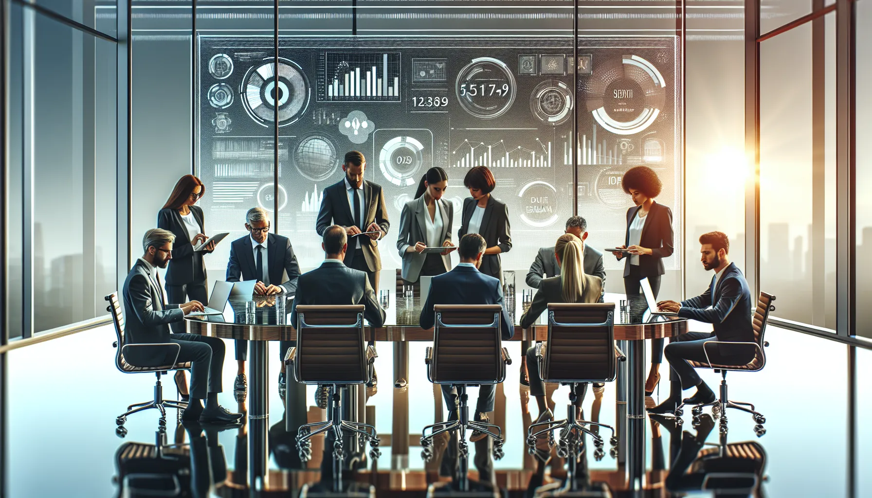 diverse team analyzing data in a modern office setting.