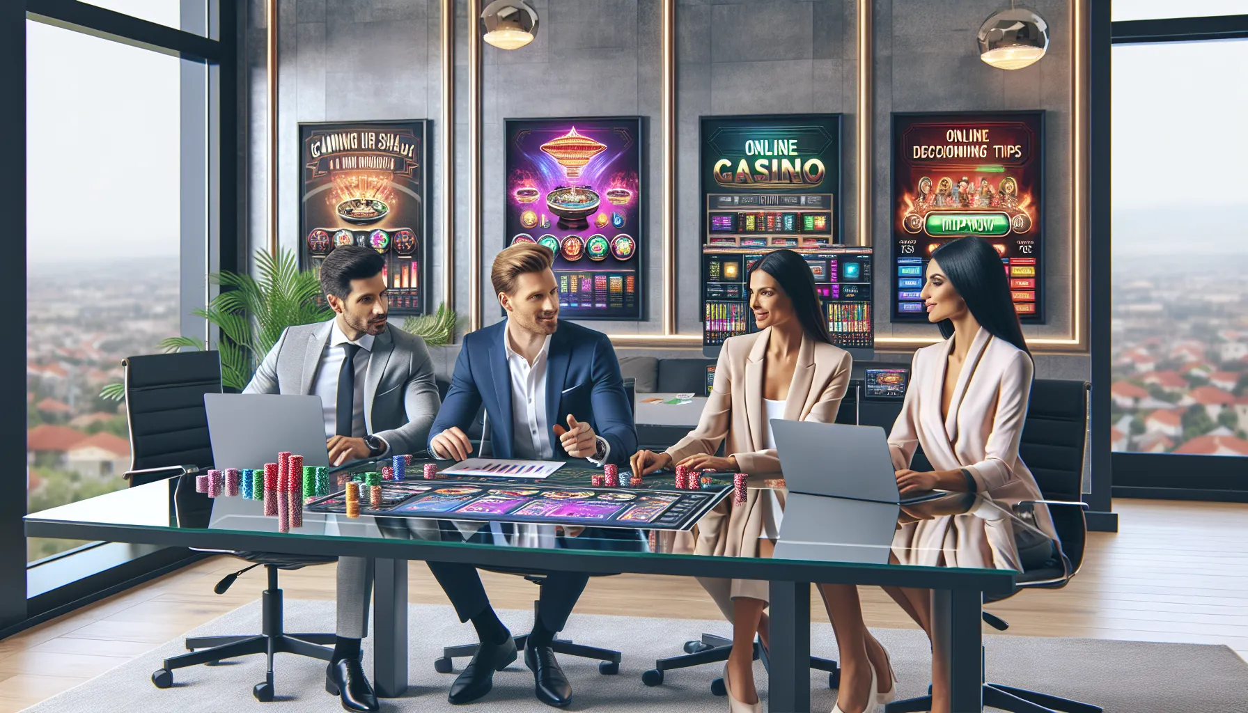 professionals discussing online casino reviews in a modern office.