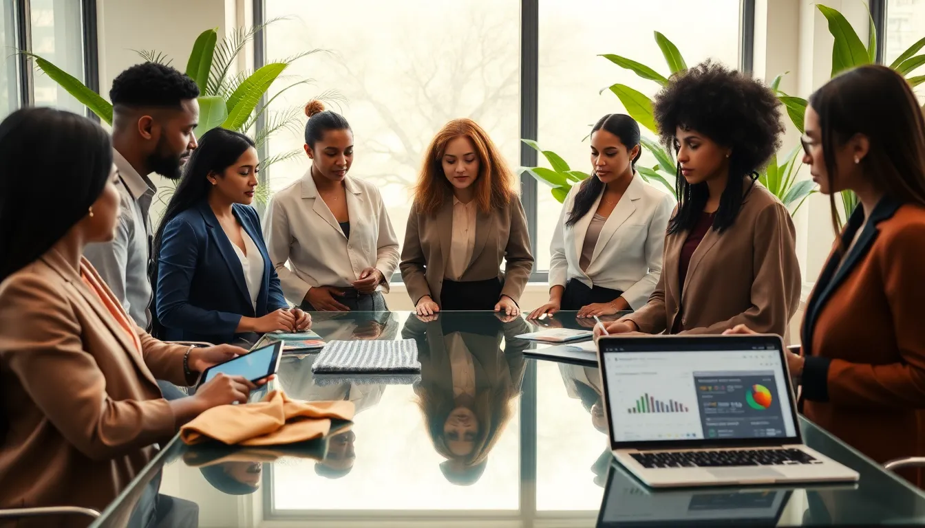 diverse team collaborating on sustainable fashion technology in a modern office.