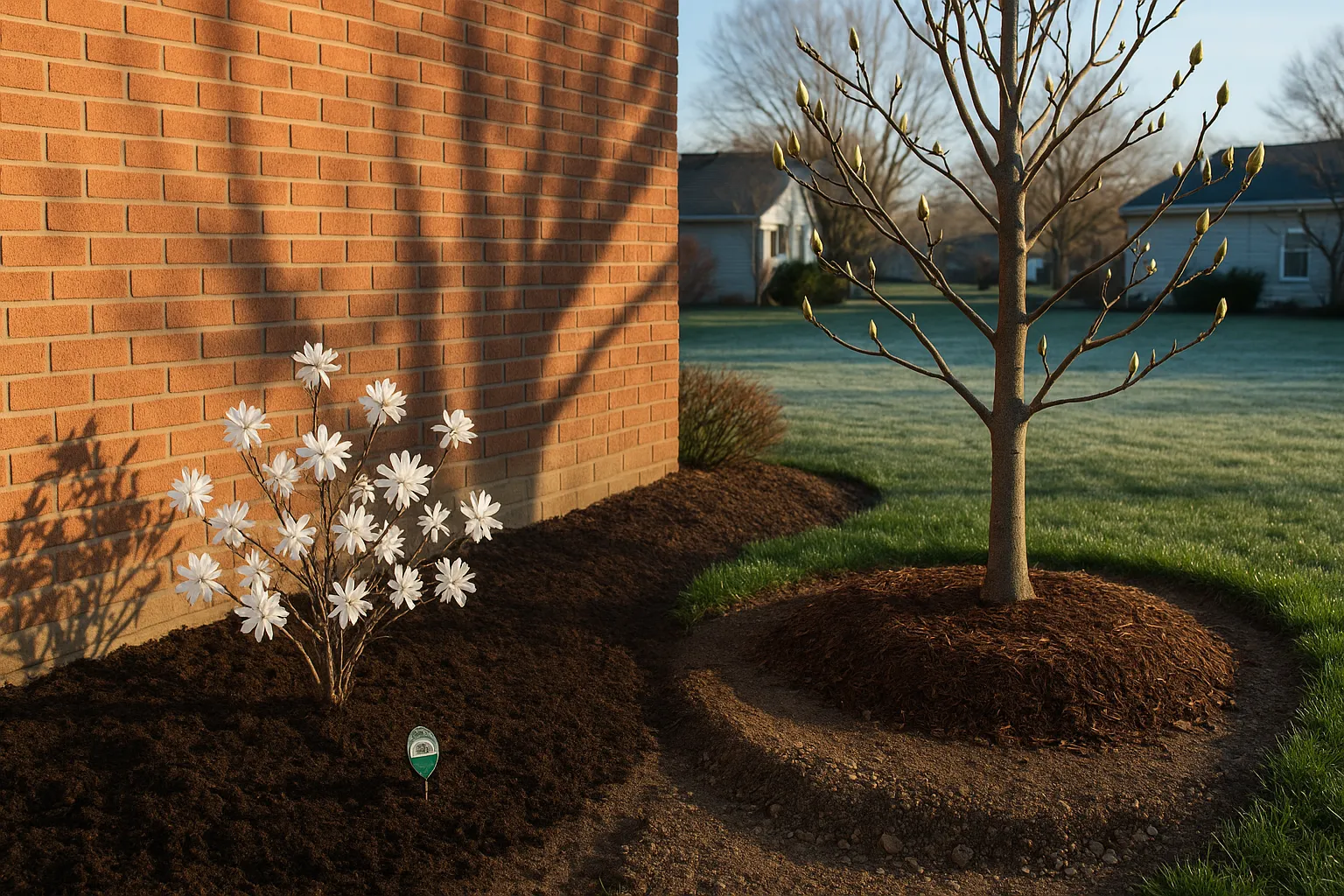 Two magnolias side-by-side showing stellata in loam and kobus in heavier clay-loam.