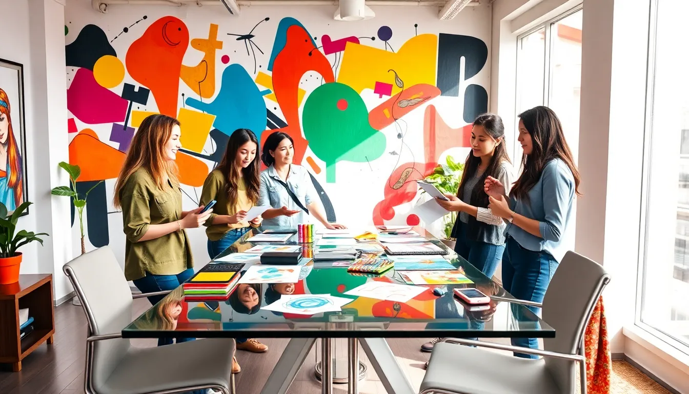 diverse creatives collaborating in a vibrant, modern workspace.