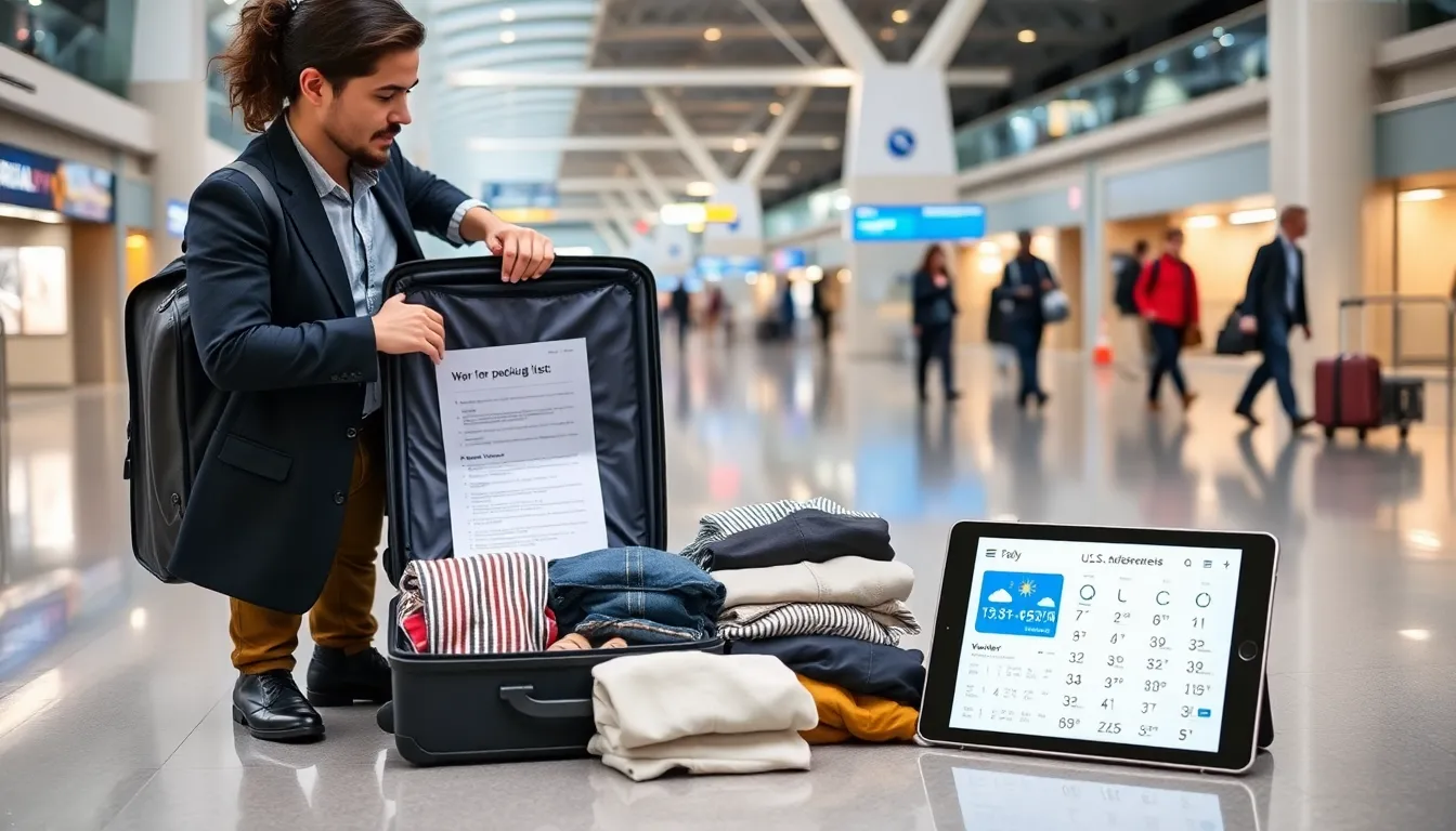 traveler organizing a suitcase in a modern airport.