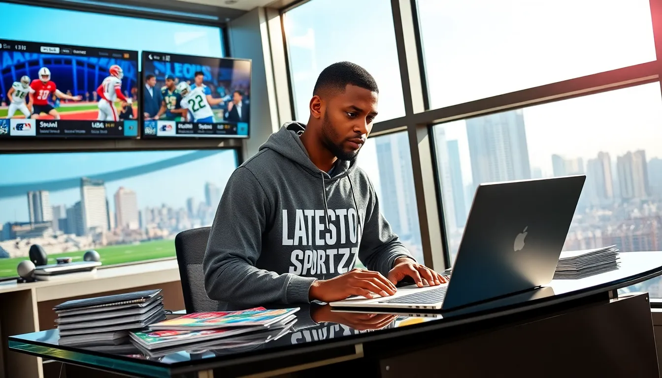 A sports journalist working in a bustling newsroom with city views.