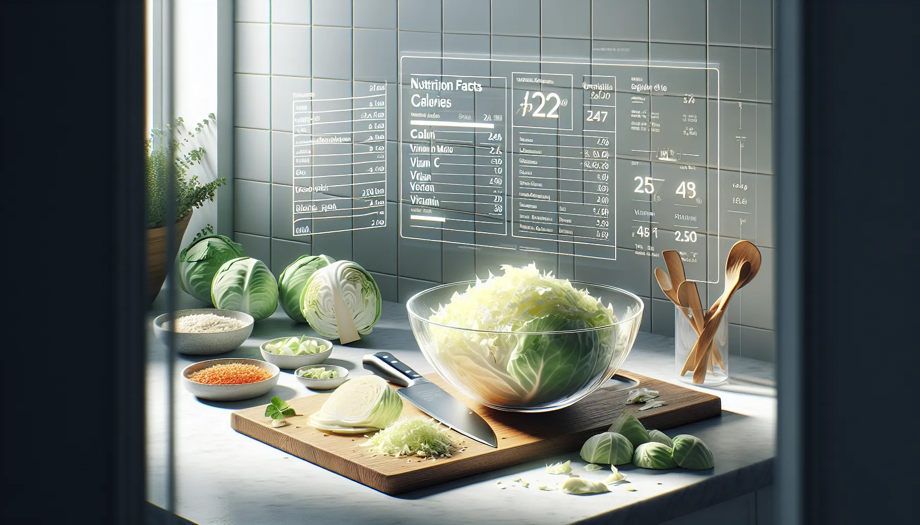 Fresh cabbage and nutrition chart in a modern kitchen.