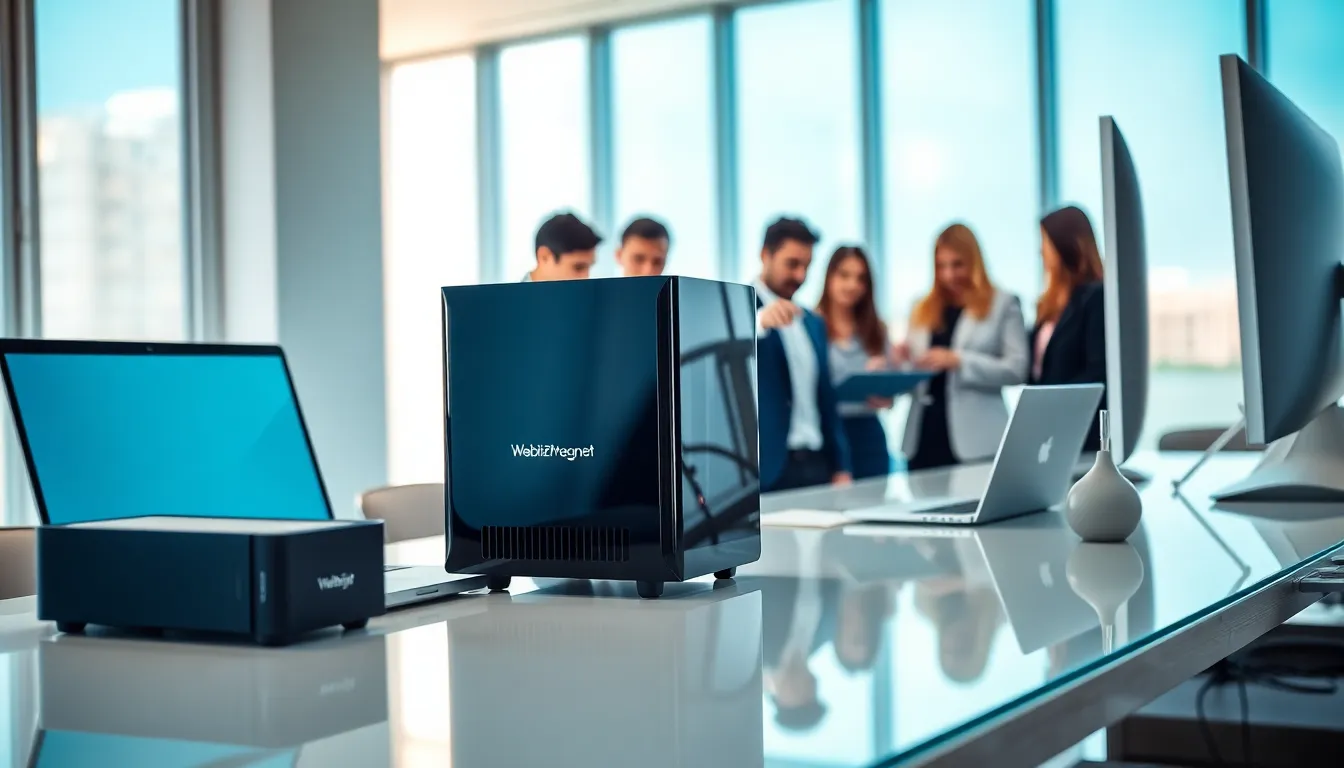 modern workspace featuring WebBizMagnet hardware and diverse professionals.