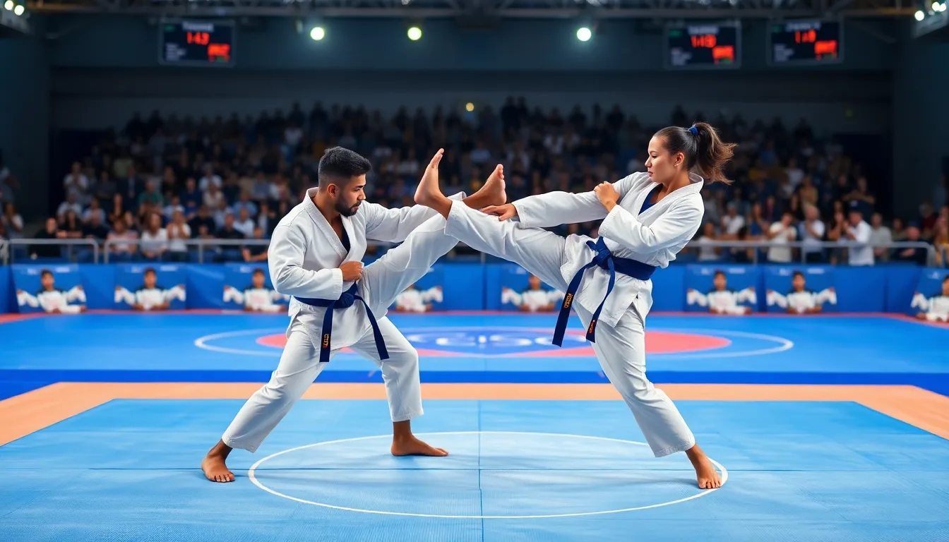 two taekwondo athletes competing during a bout on a blue mat.