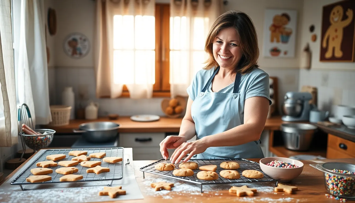 a woman baking cookies in a cozy kitchen filled with warmth.