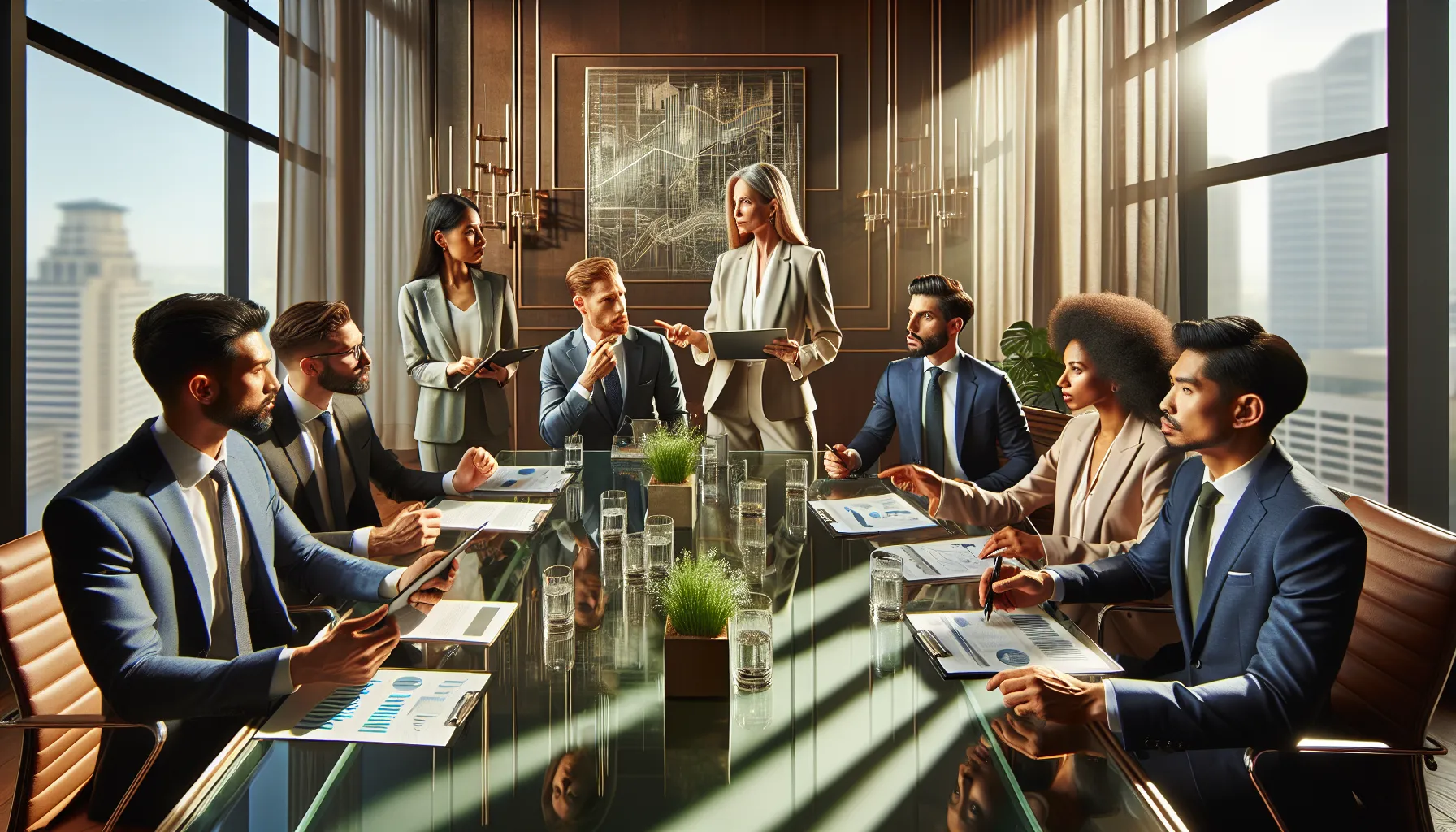 business professionals discussing communications and transactions in a modern office.