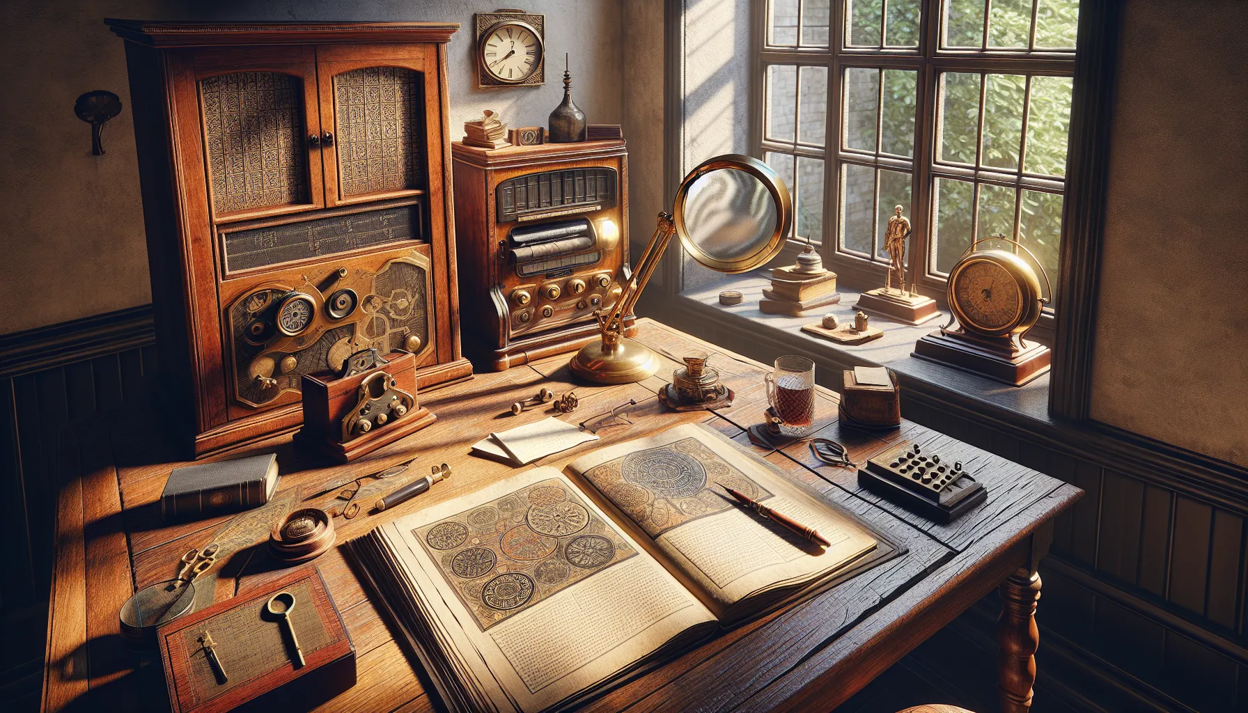 A desk with collectible items, research tools, and an open catalog.