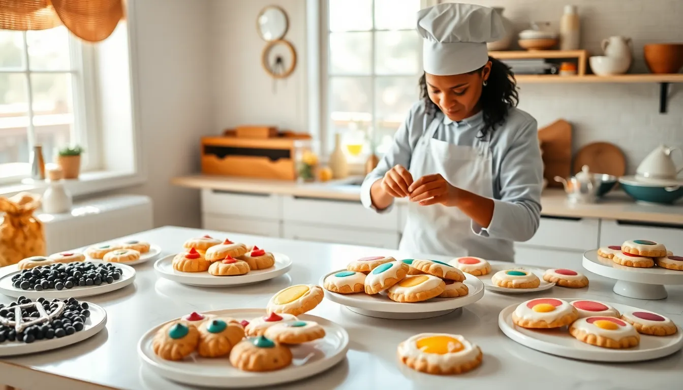 Baker decorating various cookies in a bright kitchen.