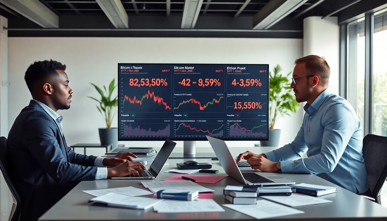 traders analyzing cryptocurrency market drops in a modern office.