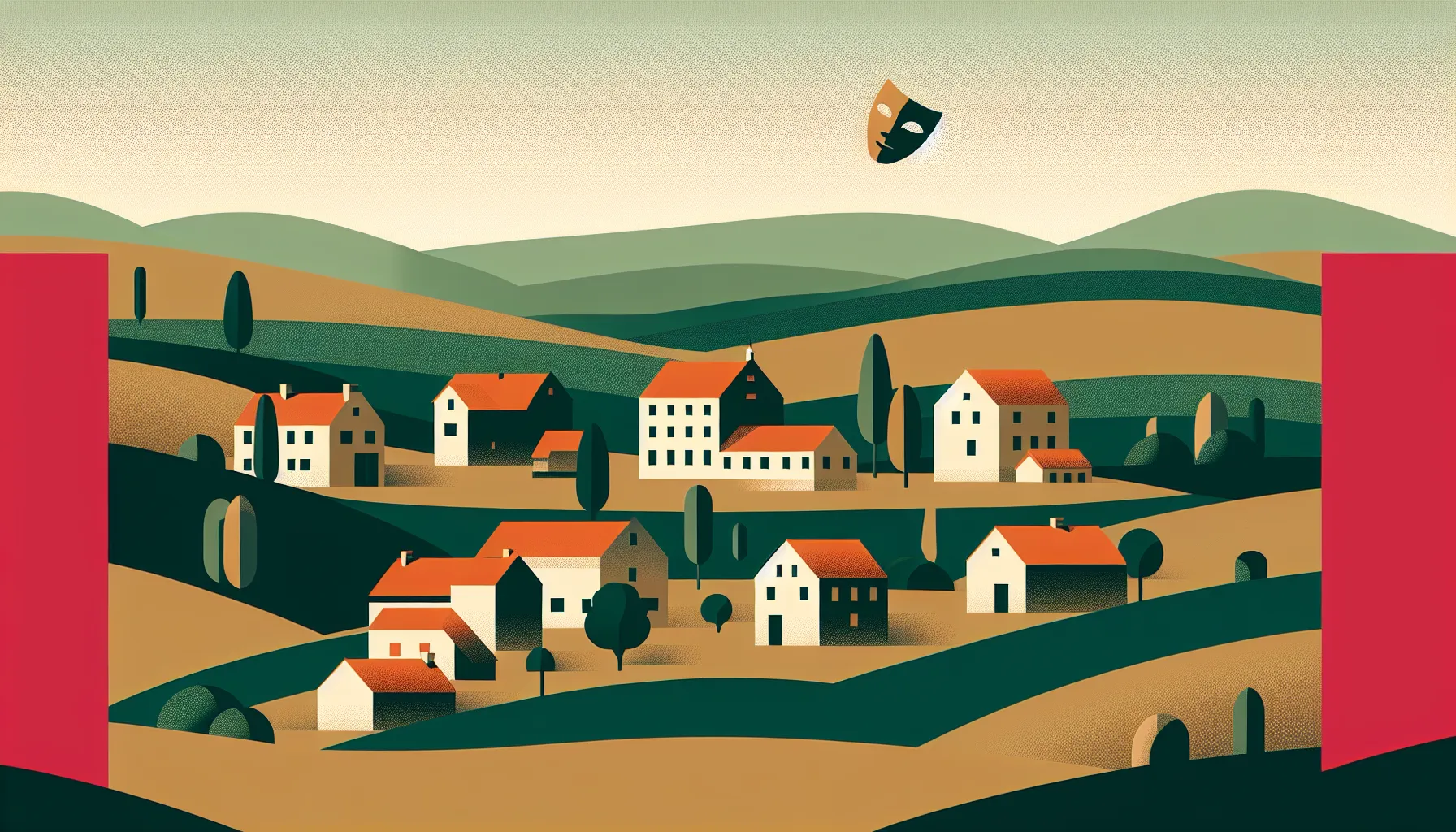 Small Croatian village with traditional houses in valley landscape with theatrical mask symbol